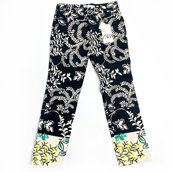 ZARA Printed Ankle Pants | Black Cream Tropical Floral | 97% Cotton Stretch | 2 - Picture 2 of 14